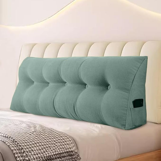 Large Triangular Headboard Pillows Long Backrest Positioning Support Bolster Cushion for Daybed Fluffy Quality Plush Body Wedge Pillow with Removable Cover(Light green-Queen-59x8x20in)
