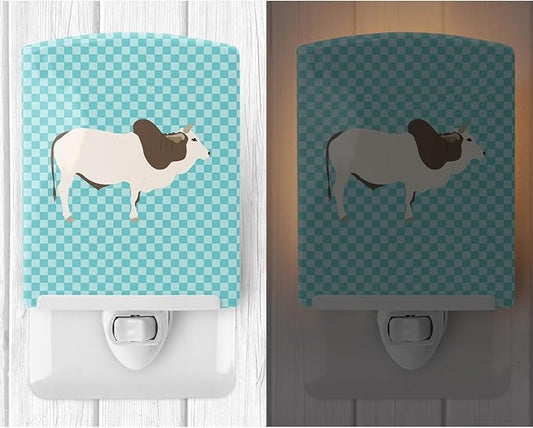 Caroline's Treasures BB8004CNL Malvi Cow Blue Check Ceramic Night Light Compact, UL-Certified, Ideal for Bedroom, Bathroom, Nursery, Hallway, Kitchen, 6x4x3, Multicolor