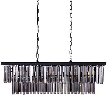 Wellmet Black Crystal Chandelier, 9-Light Modern Farmhouse Chandeliers Dining Room Lighting Fixture, Adjustable Retangle Hanging Ceiling Light for Living Room,Pool Table Light, Kitchen Island
