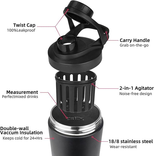 24 oz Shaker Bottle,Stainless Steel Shaker Bottle with Noise-Free Design,Insulated Metal Shakers Bottles Cup for Protein Mixes and Pre Workout,Gym Shaker Bottle (Black&Blue)