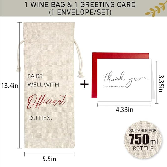 Wedding Gifts for Officiant, Wedding Officiant Wine Bag for Wedding Day, Best Officiant Ever, Pairs Well With Wedding Officiant, Drawstring Burlap Wine Bag, 1 Wine Bag With 1 Thankful Card (Red)
