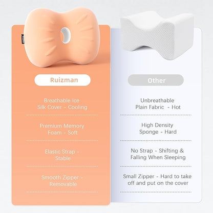 Knee Pillows for Knee Pain, Hip Pain - Cooling Side Sleeper Pillow Between Legs - Memory Foam Knee Pillow for Side Sleeping - Small Knee Pillow with Strap for Side Sleepers (Peach)