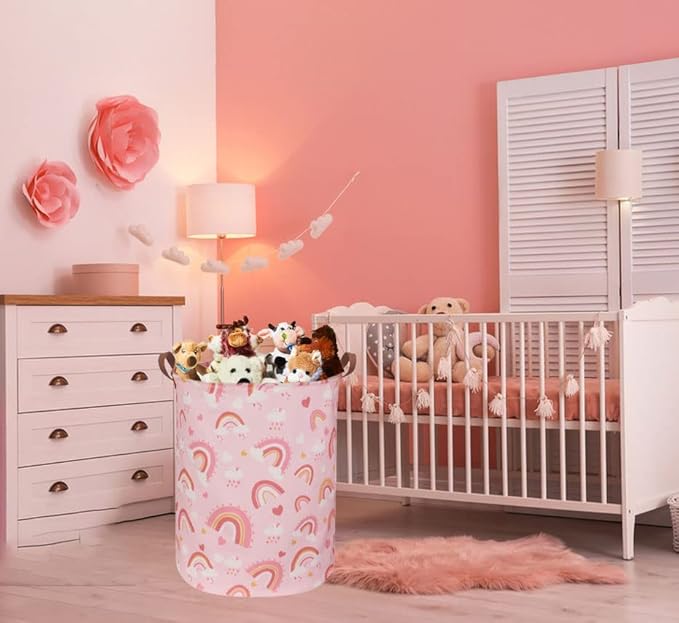 Pink Hamper,Rainbow Laundry Basket Collapsible Girls Storage Baskets for Kids Room Decor,Toy Organizer,Gift Hamper(Pink hamper) …