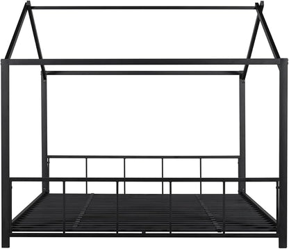 Full Size Montessori Floor Bed with Headboard and Footboard, Metal House Bed Frame with Soundproof Strip for Children, Toddlers, Boys, Girls Bedroom, Kids Playroom, No Box Spring Needed(Black)