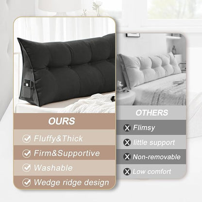Large Triangular Headboard Pillows Long Backrest Positioning Support Bolster Cushion for Daybed Fluffy Quality Plush Body Wedge Pillow with Removable Cover(Black-Queen-59x8x20in)