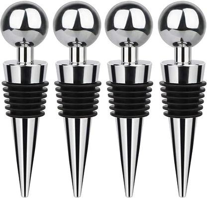 Seal Wine Stoppers, 4-Pack - Durable Silicone & Stainless Steel Wine Bottle Corks, Reusable & Leakproof, Keeps Wine Fresh, Fits Standard Bottles (Silver)