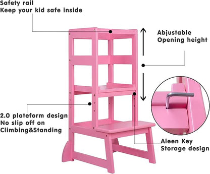 SDADI Mother's Helper Adjustable Height Kitchen Step Stool, Children Kids Toddlers Counter Level Learning Stool for Kitchen & Bathroom, Pink