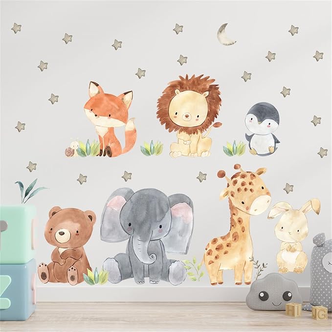 Jungle Animals with Tree Plant Wall Decals Monkey Lion Tiger Wall Stickers Baby Nursery Kids Room Living Room Home Decor (Animal1)