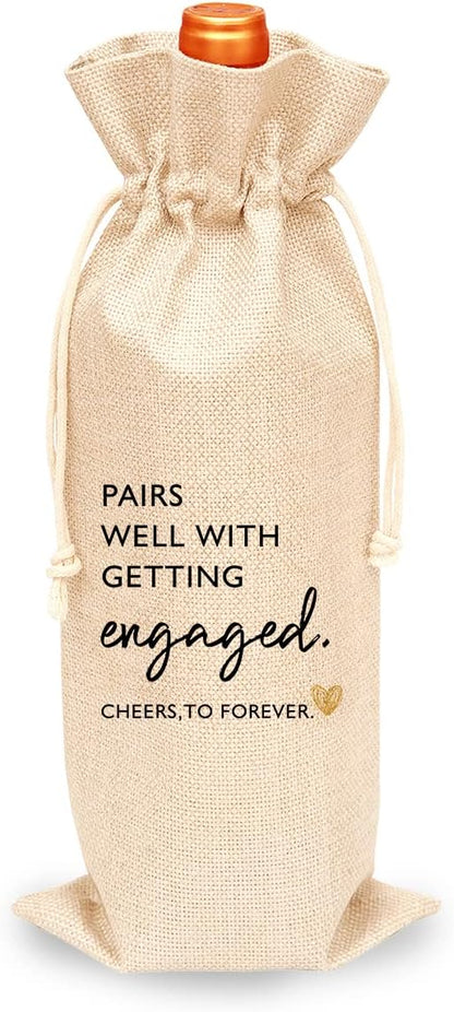Toctose Engagement Gift Wine Bag 1Pc, Pairs Well With Getting Engaged, Engagement Gift for Couples, Gift for her, Him, Bride and Groom Gift-Cotton Linen Drawstring Wine Bag(WB070)