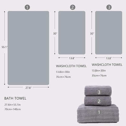 Luxury Ultra Soft Light Grey Bath Towel Sets for Bathroom Hotel, 1 Bath Towels 2 Hand Towels Washcloths 100% Long-staple Cotton Fluffy Highly Absorbent Thick Towel for Women Kids Elderly Face Body