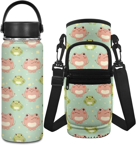 Frog 20 OZ Water Bottles for Kids Stainless Steel Water Bottle for Girls 6-8 Insulated Water Bottle Carrier Sling Bag 2Pcs Vacuum Bottle