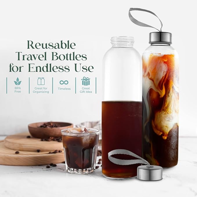 32 oz Glass Water Bottle Set of 12 - Glass Water Bottles Caps & Sleeve, Reusable Glass Bottle Lids, Clear Glass Bottles, Refillable Glass Juice Bottles for Juicing, Juicer Bottles