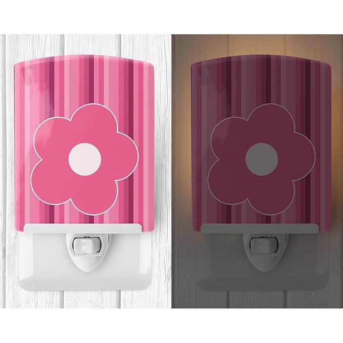 Caroline's Treasures BB8595CNL Pink Flower on Stripes Ceramic Night Light Compact, UL-Certified, Ideal for Bedroom, Bathroom, Nursery, Hallway, Kitchen, 6x4x3, Multicolor