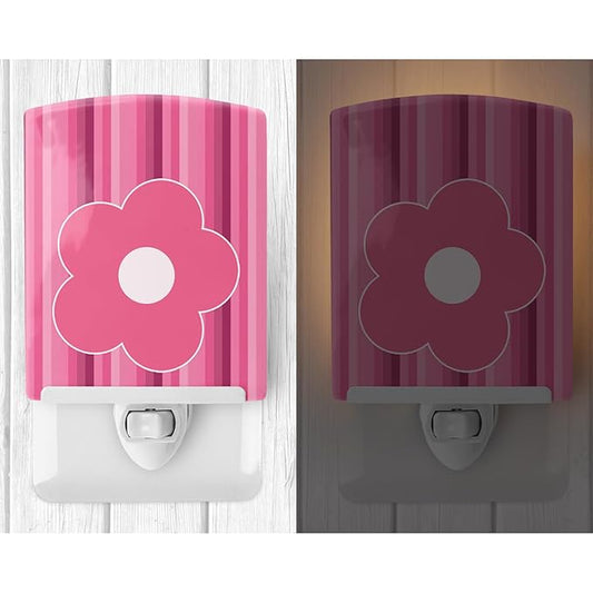 Caroline's Treasures BB8595CNL Pink Flower on Stripes Ceramic Night Light Compact, UL-Certified, Ideal for Bedroom, Bathroom, Nursery, Hallway, Kitchen, 6x4x3, Multicolor