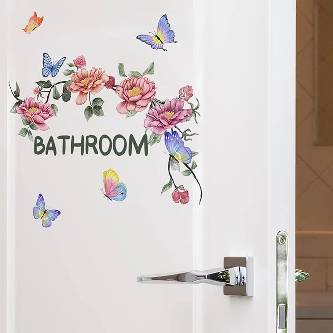 2 Sets Bathroom Decor Wall Stickers, Peony Roses Wall Stickers Floral Wall Decals, Watercolor Flowers Lily Daisy Butterfly Dragonfly Bird Wall Stickers for Bathroom Bedroom Living Room