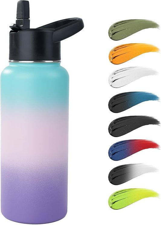 Stainless Steel Water bottle with Straw & Wide Mouth Lid, Wide Rotating Handle, 32oz Double Wall Vacuum Insulated Water Bottle Leak Proof, BPA Free, Keep Cold and Hot, 32oz, Purple Gradient