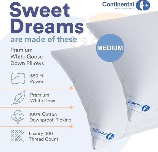 Continental Bedding Medium King Set of 2 100% White Down Pillows 30 Ounce 550FP Hotel Down Pillows for Supporting Back Side and Stomach Sleepers