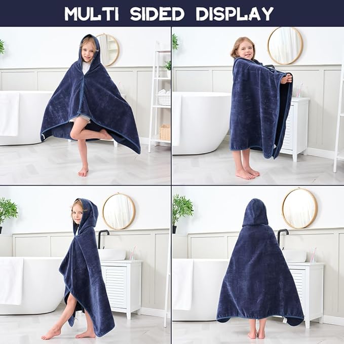 Hiturbo Kids Hooded Bath Towel: 100% Cotton Soft Thick Absorbent Towels Wrap - 50"x30" Shower Beach Pool Wearable Blanket for 3-12 Yrs Boys Girls - Navy Blue