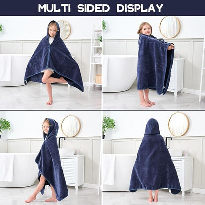 Hiturbo Kids Hooded Bath Towel: 100% Cotton Soft Thick Absorbent Towels Wrap - 50"x30" Shower Beach Pool Wearable Blanket for 3-12 Yrs Boys Girls - Navy Blue