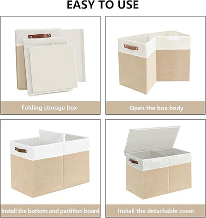 Large Toy Storage Box with Lids, Collapsible Sturdy Baby Storage Organizer Chest Bin Basket for Kids, Boys, Girls, Playroom, Nursery, Bedroom, Closet 25"x13"x16" (Beige and White)