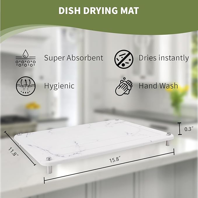 Stone Drying Mat For Kitchen Counter,Coffee Mat,Ultra Absorbent, Fast Dry, Non-Slip, Heat Resistant Drying Stone For Counter（15.8x11.8 inch，White Marble）