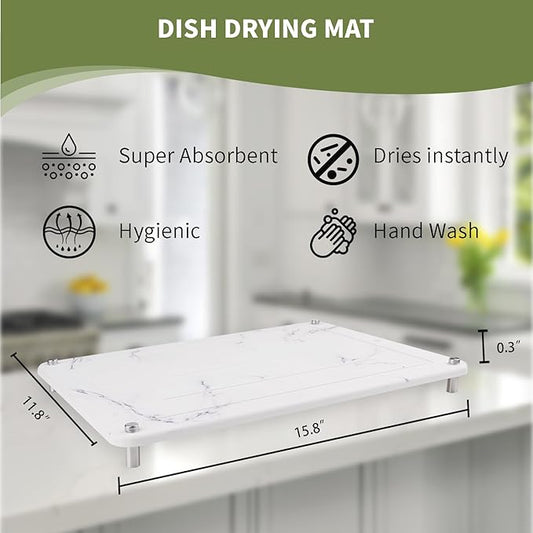 Stone Drying Mat For Kitchen Counter,Coffee Mat,Ultra Absorbent, Fast Dry, Non-Slip, Heat Resistant Drying Stone For Counter（15.8x11.8 inch，White Marble）