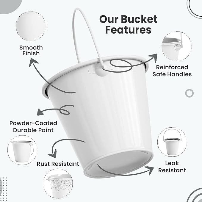 Small Metal Buckets with Handle 6 Pcs – Galvanized Bucket Leak Proof & Rust Resistant 20 fl oz Capacity - Best for Party Décor, Organizing & Decorating Classrooms (White, Small 4.3" Top)