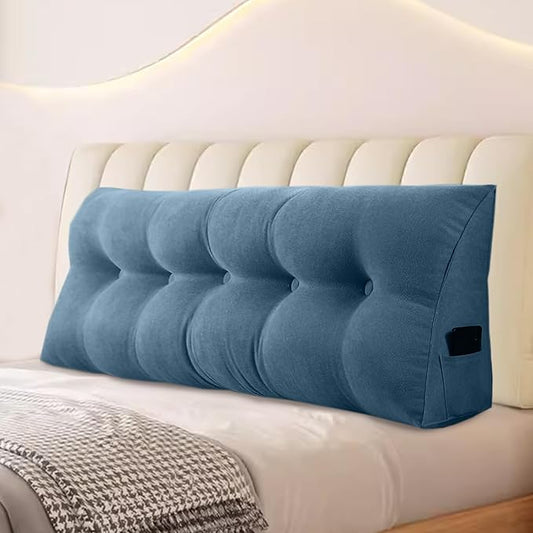 Large Triangular Headboard Pillows Long Backrest Positioning Support Bolster Cushion for Daybed Fluffy Quality Plush Body Wedge Pillow with Removable Cover(Dark blue-Full-54x8x20in)