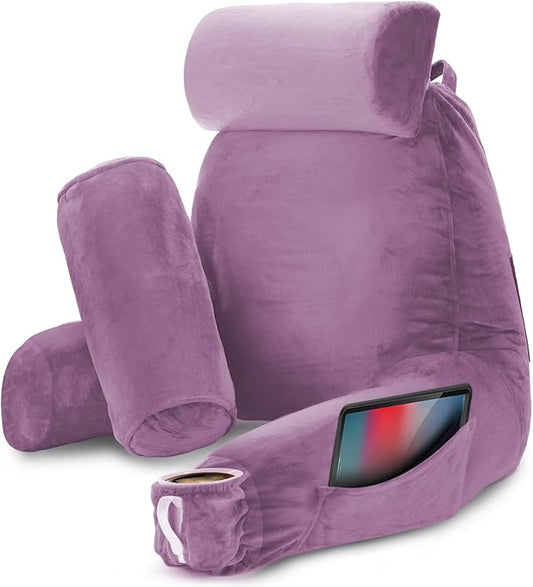 Nestl Reading Pillow Large Bed Pillow, Back Pillow for Sitting in Bed Shredded Memory Foam Chair Pillow Reading & Bed Rest Pillows Lavender Dream Back Pillow for Bed, Bed Chair Arm Pillow with Pockets