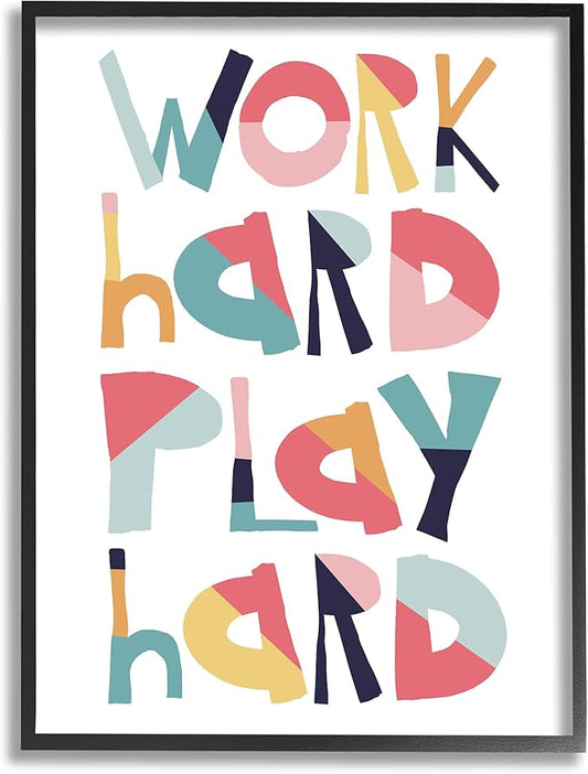 Stupell Industries Work Play Hard Phrase Geometric Pattern Typography, Designed by Jennifer McCully Black Framed Wall Art, 11 x 14, Multi-Color