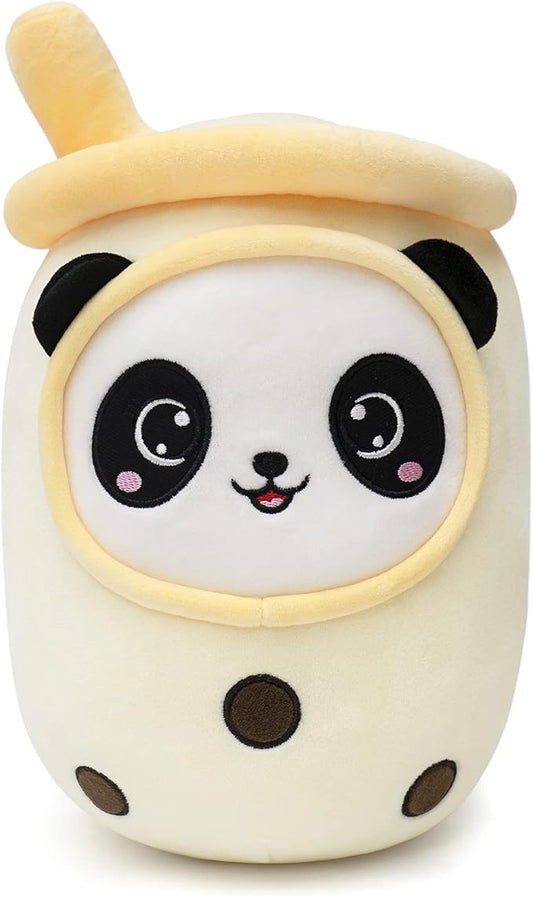 NiuniuDaddy Boba Plushies with Panda Face-13.7inches Large Yellow Cream Bubble Tea with Straw Stuffed Animals-Soft Kawaii Milk Tea Cup Plush Toy Pillow for Kids-Machine Washable,Medium