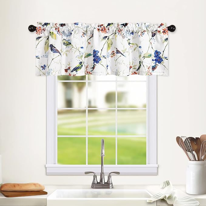 Leeva Short Curtains for Windows, Rod Pocket Vintage Birds Short Window Curtains and Drapes for Living Room, 52 x 12, Blue, One Panel