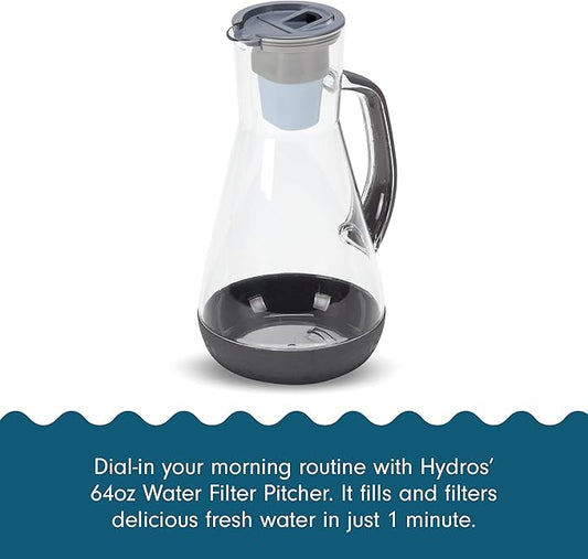 Hydros 64 Ounce Water Filter Pitcher with Patented Fast Flo Tech, 60 Second Quick Fill-Up and BPA-Free Recyclable Filter, Eight Cup Capacity, Grey