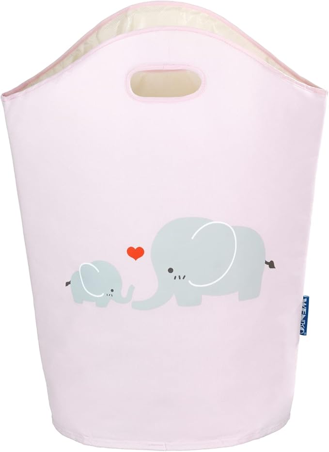 WENKO Kids Laundry Hamper, Baby Hamper for Nursery, Baby Basket for Dirty Clothes, Elephant Nursery Hamper, Toy Basket with Handles, Pink Laundry Bin, 15.7 x 20.5 x 7.9 inch