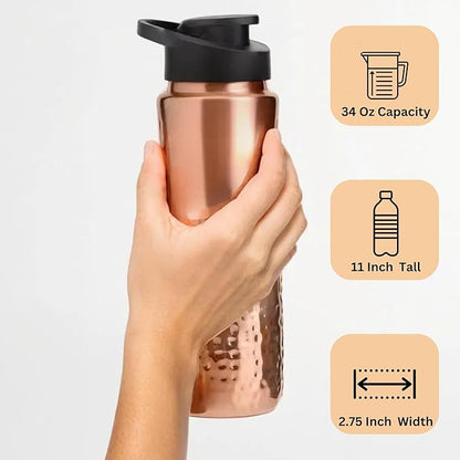 Pure Copper Water Drinking Bottle with Sipper - Copper Hammered Ayurvedic Vessel For Drinking - Drink More Water, Reduce Sugar Intake - Ayurveda Health Benefits - 34 Oz