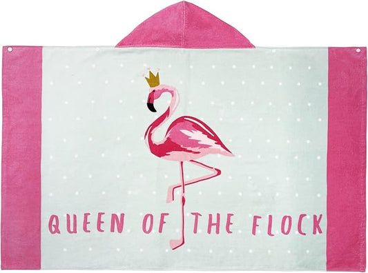 BANGSAUR Kids Hooded Beach Bath Towels, Oversize 100% Cotton 50"x30" Wrap, Toddlers Girls 3-12 Years Coverup Flamingo
