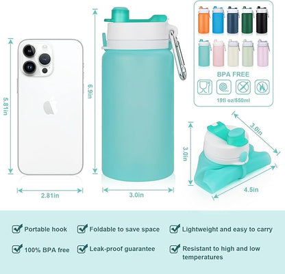 Collapsible Water Bottle, Foldable Water Bottle BPA Free Reusable Lightweight Leak-Proof Travel Silicone Water Bottle for Travel, Gym, Hiking, Office, Camping