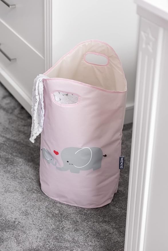 WENKO Kids Laundry Hamper, Baby Hamper for Nursery, Baby Basket for Dirty Clothes, Elephant Nursery Hamper, Toy Basket with Handles, Pink Laundry Bin, 15.7 x 20.5 x 7.9 inch