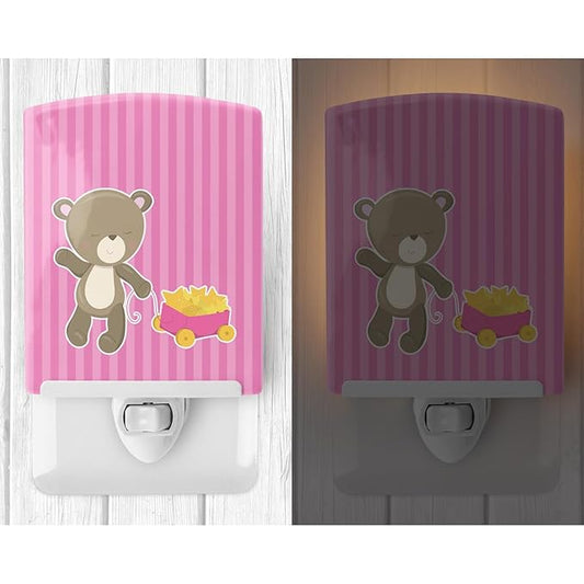 Caroline's Treasures BB8619CNL Baby Girl Bear Wagon Ceramic Night Light Compact, UL-Certified, Ideal for Bedroom, Bathroom, Nursery, Hallway, Kitchen, 6x4x3, Multicolor