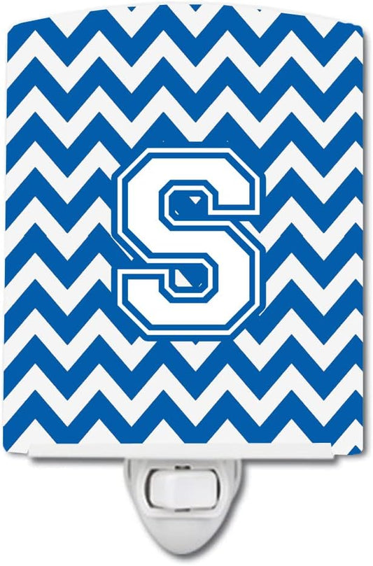 Caroline's Treasures CJ1045-SCNL Letter S Chevron Blue and White Ceramic Night Light Compact, UL-Certified, Ideal for Bedroom, Bathroom, Nursery, Hallway, Kitchen, 6x4x3, Multicolor