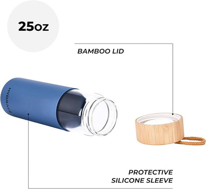 HYDRATE Glass Water Bottle, 25 oz - Gym Drinking Bottles with Slip Resistant Silicone Sleeve and Leak Proof Bamboo Lid - Clear Sports Bottle Made of Borosilicate Glass (10 x 3 inches, Blue)