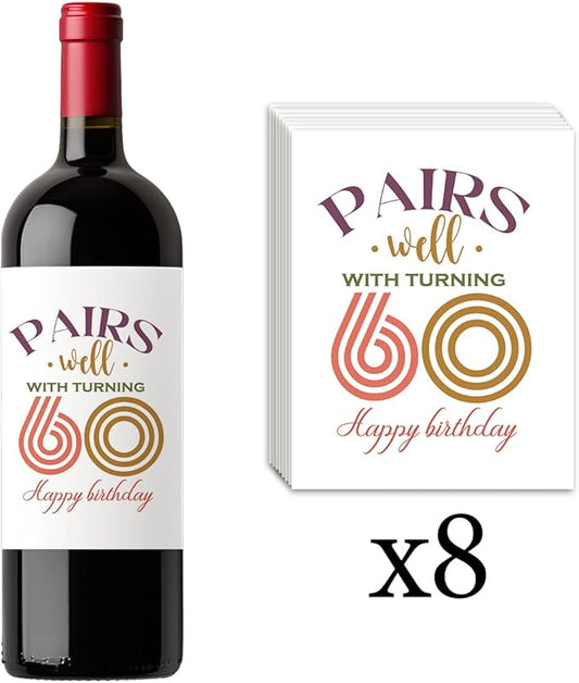8 Pcs 60th Birthday Gifts for Women Men Wine Labels, Happy 60th Birthday Party Decorations Gifts for Women Men Wine Bottle Stickers, 60 Year Old Birthday Gifts for Women Men Wine Bottle Labels