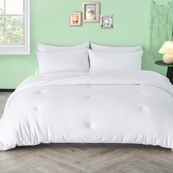 KASENTEX Super-Duper Ultra Soft Lightweight Jersey Knit King Comforter Set, Smooth White Comforter Bed Sets, 3 Piece Solid Breathable Bedding, Light Summer King Size - 2 Pillow Cases, 102x90in
