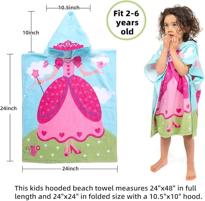 Hooded Bath Towels for Girls Kids Toddlers Children 2 to 6 Years Old Cotton Ultra Soft Absorbent Poncho Beach Towel for Pool Swim Pink Large Size 24"x 47" in Full-Length (Lovely Princess