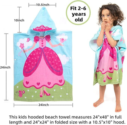 Hooded Bath Towels for Girls Kids Toddlers Children 2 to 6 Years Old Cotton Ultra Soft Absorbent Poncho Beach Towel for Pool Swim Pink Large Size 24"x 47" in Full-Length (Lovely Princess