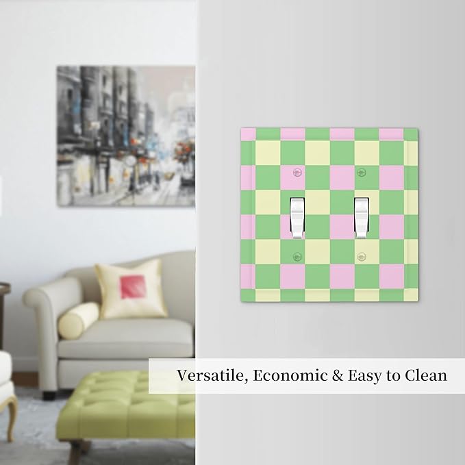 Checkered Gingham Double Toggle Light Switch Covers 2 Gang Wall Plate Dual Decorative Switchplate Electrical Faceplate for Bathroom Country Kitchen Bedroom Decor, 4.9" x 5"