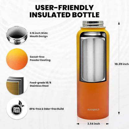 Insulated Water Bottle 40 oz, Triple Wall Vacuum Stainless Steel (Cold for 48 Hrs), Leak Proof & Non-BPA, Modern Water Flask Jug with Paracord Handle & Straw Spout Lids, Ombre Orange
