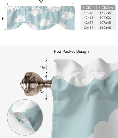 Kids Blackout Tie Up Valance Curtains for Kitchen Windows Blue White Cloud Cartoon Window Toppers Balloon Shades for Living Room/Bathroom/Bedroom,1 Panel,60" X 18"
