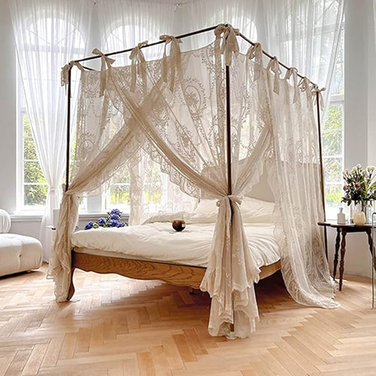 Elegant Lace Princess 4 Corner Post Mosquito Net Romantic for Girls Women Bed Curtain Canopy for Adult Wedding Bedroom Kids Rooms Decoration (Color-C, King)
