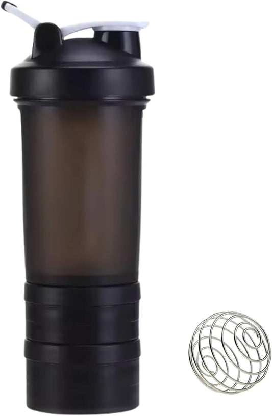 Protein Shaker Bottle with Storage Compartments | Pre-Workout, Protein, Supplements | 16.9 oz (500 ml) [Black]